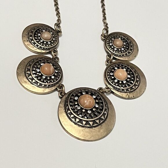 Unbranded Jewelry - VTG Bronze Pink Coral Gem Art Deco Heavy Disc Chain Necklace 16-20”